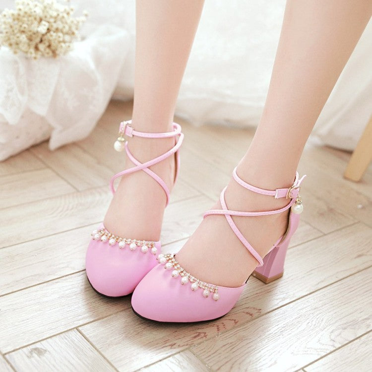 Ladies Pearls Ankle Wrap High Heels Block Heel Sandals