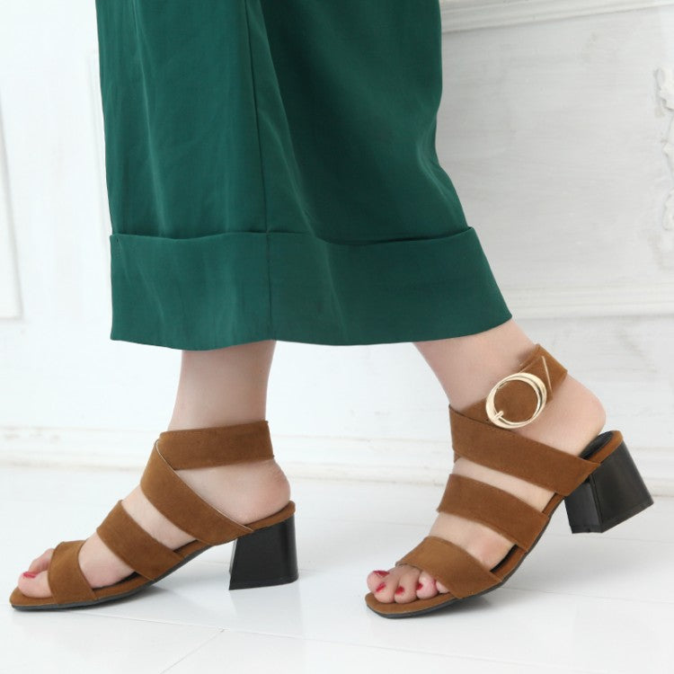 Ladies Solid Color Suede Cross Strap Metal Buckle Block Heel Sandals