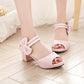 Ladies Solid Color Double Ankle Strap Butterfly Knot Block Heels Sandals