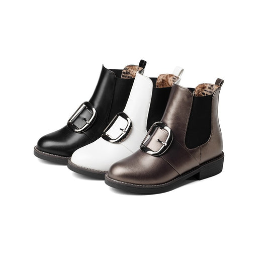 Pu Leather Buckle Straps Stretch Short Chelsea Boots for Women