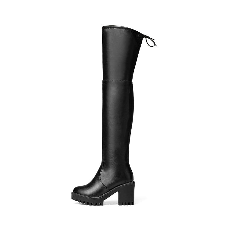 Pu Leather Round Toe Side Zippers Block Chunky Heel Platform Over the Knee Boots for Women