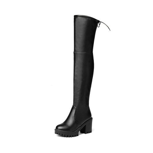 Pu Leather Round Toe Side Zippers Block Chunky Heel Platform Over the Knee Boots for Women