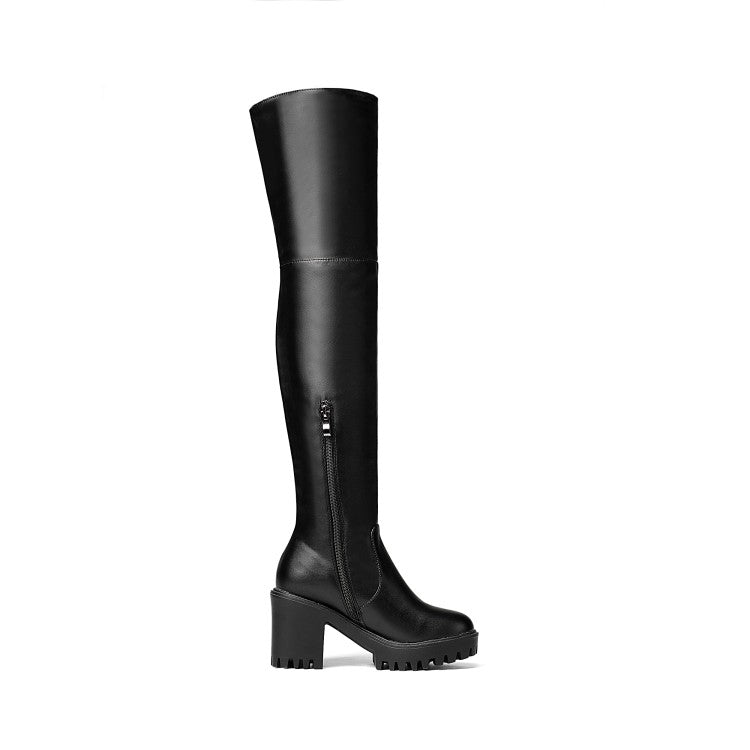 Round Toe Side Zippers Block Chunky Heel Platform Over the Knee Boots for Women