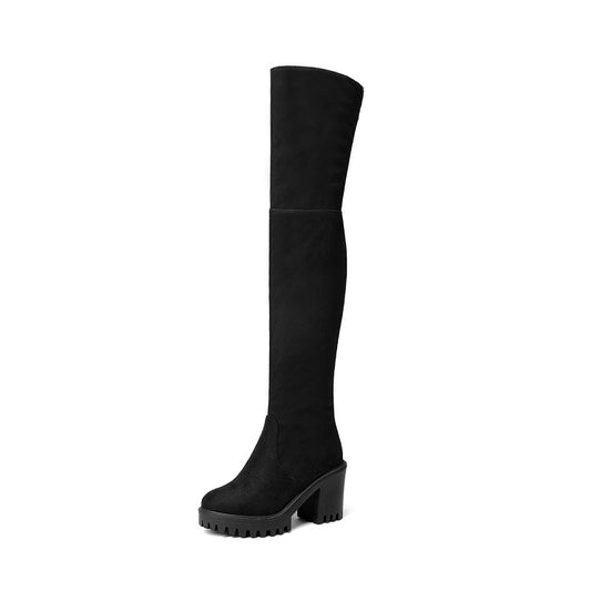 Round Toe Side Zippers Block Chunky Heel Platform Over the Knee Boots for Women