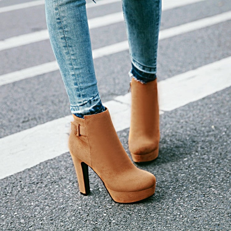 Ladies Suede Round Toe Side Zippers Chunky Heel Platform Short Boots