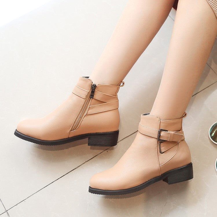 Pu Leather Round Toe Side Zippers Buckle Straps Block Chunky Heel Ankle Boots for Women