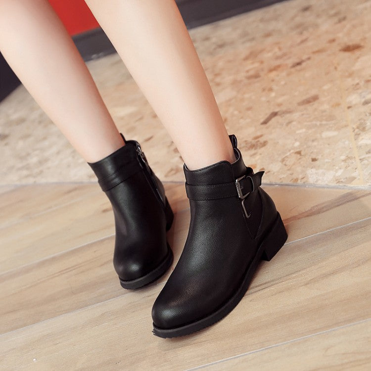 Pu Leather Round Toe Side Zippers Buckle Straps Block Chunky Heel Ankle Boots for Women