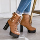 Ladies Frosted Pu Leather Round Toe Tied Belts Buckles Block Heel Platform Short Boots
