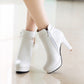 Pu Leather Almond Toe Fur Ball Side Zippers Block Chunky Heel Platform Short Boots for Women