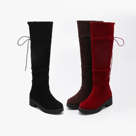 Ladies Suede Round Toe Back Tied Lace Up Block Heel Knee High Boots