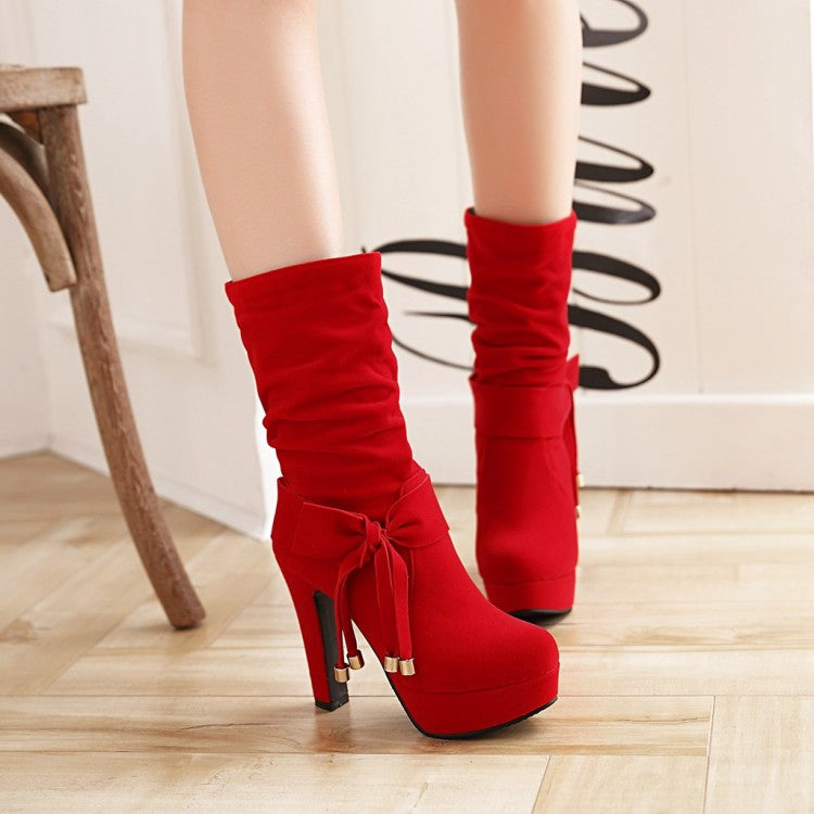 Ladies Suede Round Toe Side Tied Belts Chunky Heel Platform Short Boots
