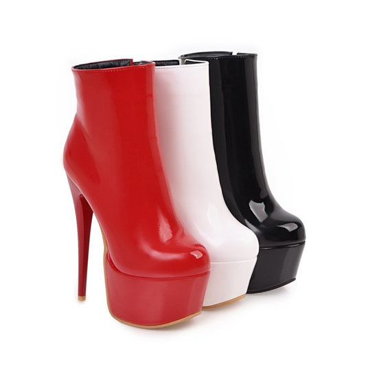 Ladies Pu Leather Round Toe Side Zippers Stiletto Heel Platform Short Boots