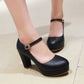Ladies Pu Leather Almond Toe Ankle Strap Block Heels High Heel Platform Pumps
