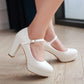 Ladies Pu Leather Almond Toe Ankle Strap Block Heels High Heel Platform Pumps