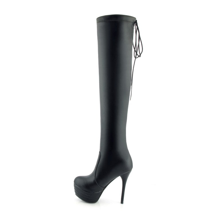 Pu Leather Round Toe Back Tied Straps Stiletto Heel Platform Over-The-Knee Boots for Women