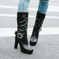 Ladies Round Toe Rhinestone Belts Buckles Chunky Heel Platform Mid Calf Boots
