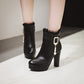 Ladies Pu Leather Side Zippers Pearls Beading Lace Chunky Heel Platform Ankle Boots
