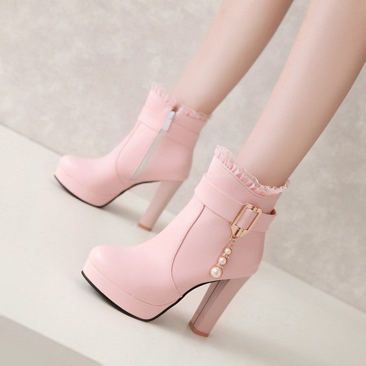 Ladies Pu Leather Side Zippers Pearls Beading Lace Chunky Heel Platform Ankle Boots