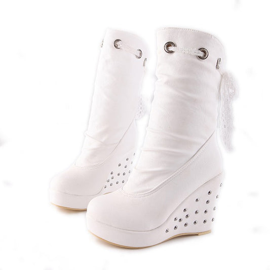 Round Toe Lace Tied Straps Rivets Wedge Heel Platform Mid Calf Boots for Women
