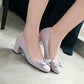Ladies Pumps Suede Round Toe Butterfly Knot Block Heel Shoes
