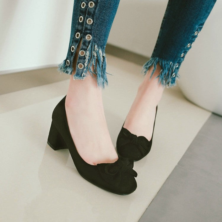 Ladies Pumps Suede Round Toe Butterfly Knot Block Heel Shoes