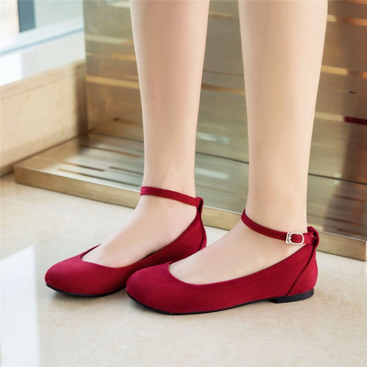 Ladies Flock Round Toe Shallow Ankle Strap Flats Shoes