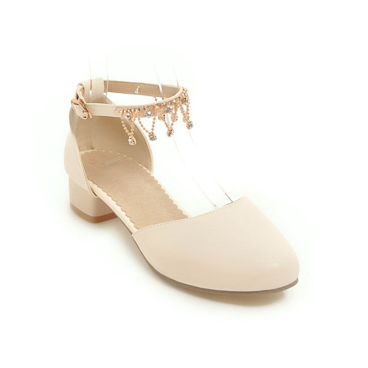 Ladies Solid Color Round Toe Pearls Rhinestone Ankle Strap Block Heel Low Heels Sandals