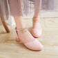 Ladies Solid Color Round Toe Pearls Rhinestone Ankle Strap Block Heel Low Heels Sandals