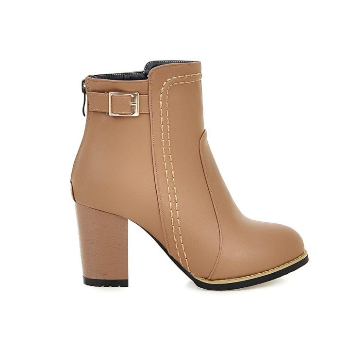 Pu Leather Round Toe Stitch Buckle Straps Block Chunky Heel Back Zippers Short Boots for Women