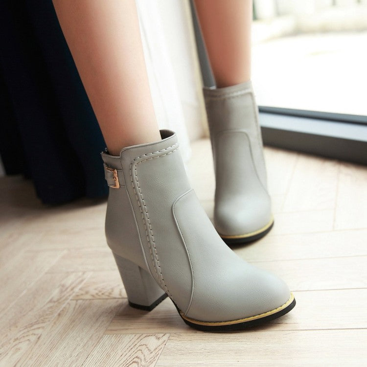Pu Leather Round Toe Stitch Buckle Straps Block Chunky Heel Back Zippers Short Boots for Women