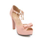 Ladies Solid Color Peep Toe Butterfly Knot High Heel Ankle Strap Pearls Chains Rhinestone Platform Sandals