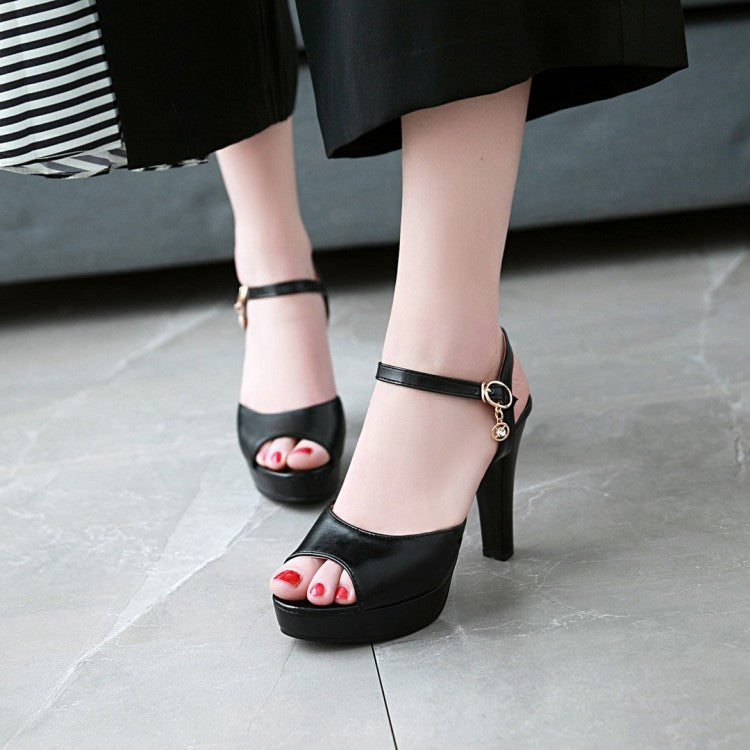 Ladies Solid Color Peep Toe Ankle Strap High Heel Platform Sandals
