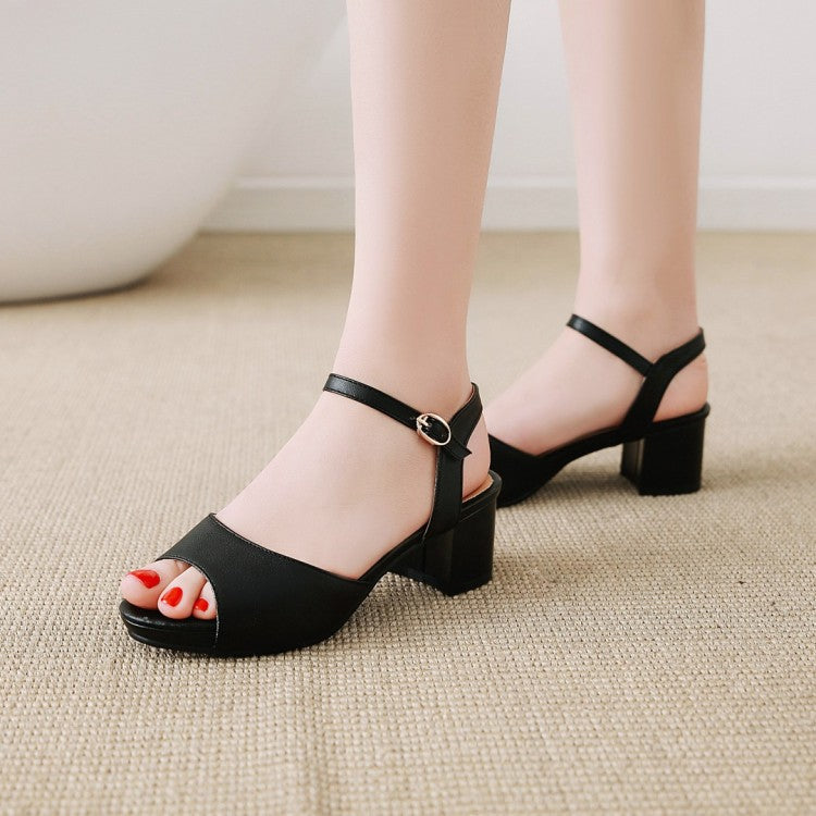 Ladies Solid Color Peep Toe Ankle Strap Block Heel Sandals