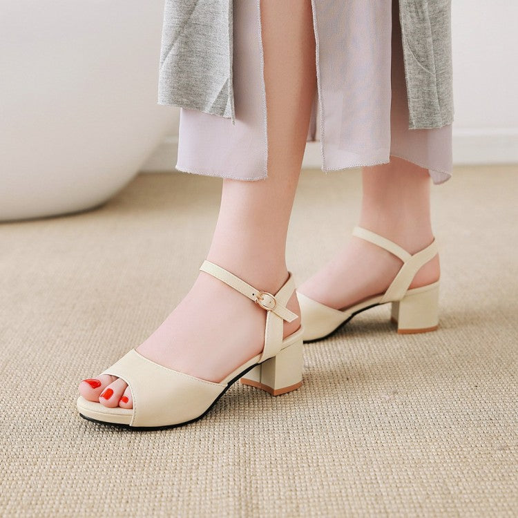 Ladies Solid Color Peep Toe Ankle Strap Block Heel Sandals