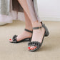 Ladies Solid Color Pleated Ankle Strap Hollow Out Low Block Heels Sandals