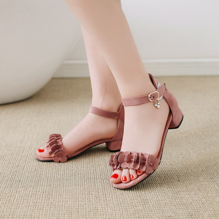 Ladies Solid Color Pleated Ankle Strap Hollow Out Low Block Heels Sandals