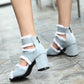 Ladies Canvas Pointed Toe Hollow Out Block Heel Sandals