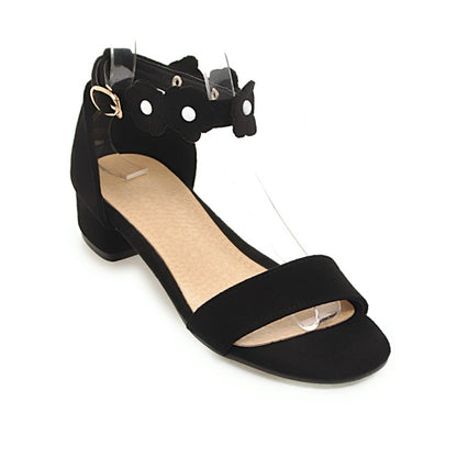 Ladies Suede Solid Color Hollow Out Flora Ankle Strap Block Heel Low Heels Sandals