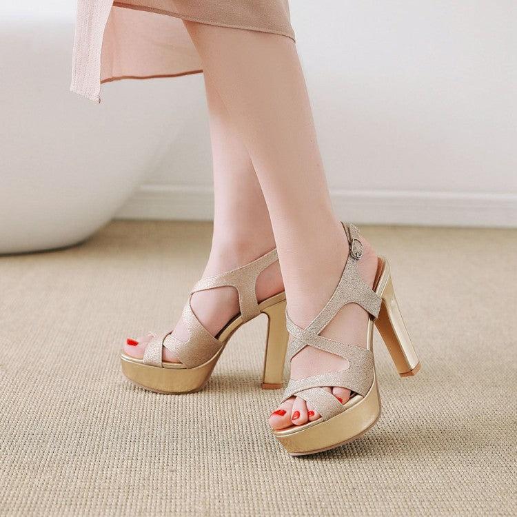 Ladies Bling Bling Hollow Out Chunky Heel High Heels Platform Sandals