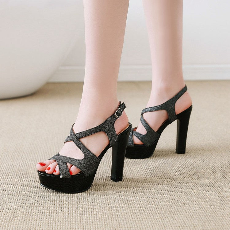 Ladies Bling Bling Hollow Out Chunky Heel High Heels Platform Sandals