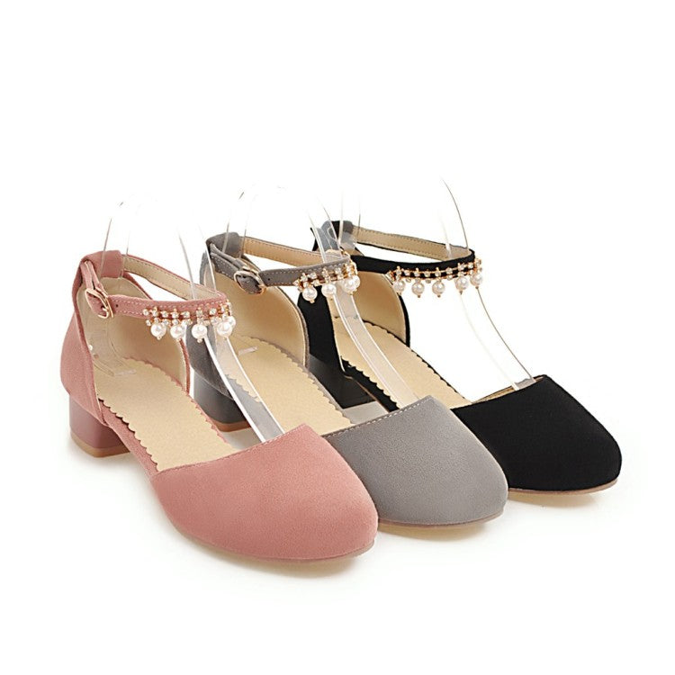 Ladies Solid Color Suede Round Toe Hollow Out Pearls Ankle Strap Low Block Heels Sandals