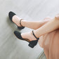 Ladies Solid Color Suede Round Toe Hollow Out Pearls Ankle Strap Low Block Heels Sandals