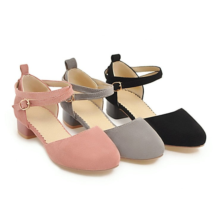 Ladies Solid Color Suede Hollow Out Ankle Wrap Low Block Heels Sandals
