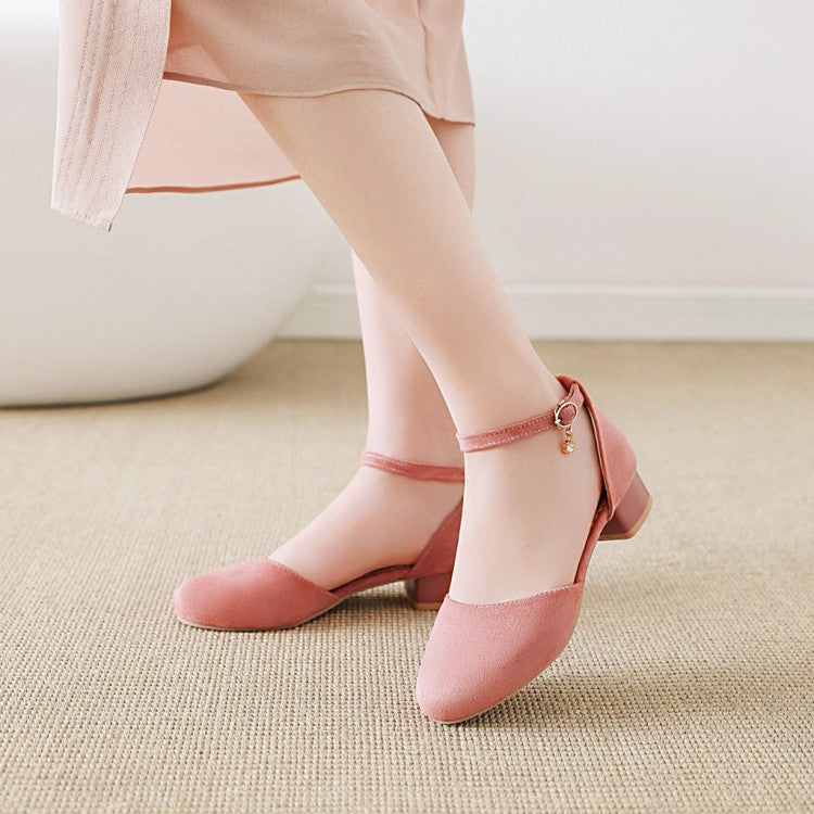 Ladies Suede Hollow Out Ankle Wrap Low Block Heels Sandals