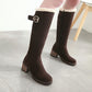 Ladies Suede Stitching Buckles Belts Fur Block Heel Platform Knee High Boots