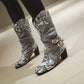 Ladies Snake Pattern Patchwork Belts Buckles Chunky Heel Mid Calf Boots