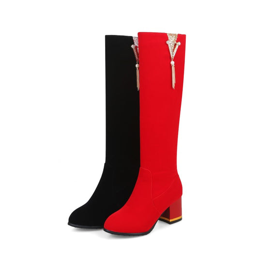 Flock Rhinestone Tassel Side Zippers Block Chunky Heel Knee High Boots for Women