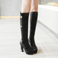 Side Zippers Rhinestone Flora Pearls Block Chunky Heel Platform Knee High Boots for Women