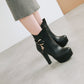Pu Leather Almond Toe Buckle Straps Block Chunky Heel Side Zippers Platform Short Boots for Women