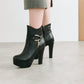 Pu Leather Almond Toe Buckle Straps Block Chunky Heel Side Zippers Platform Short Boots for Women